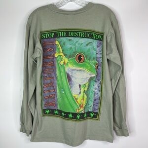 Vintage Stop The Destruction Rainforest Frog Long Sleeve Green Shirt Small 90s